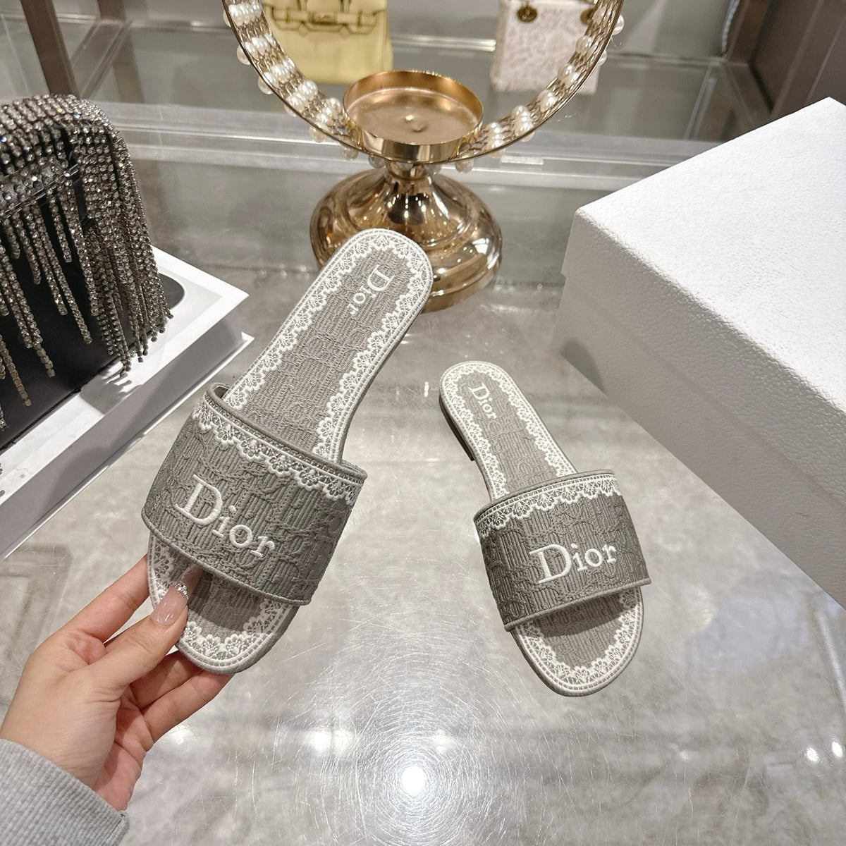 CC 26 Embroidered Sandals Gray White Canvas 592243
