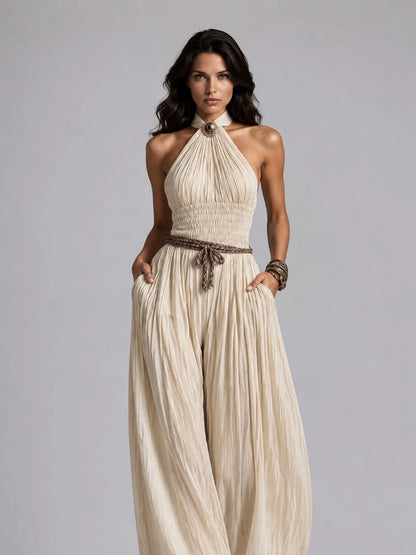 Taylor Pleated Halter-Neck Wide-Leg Jumpsuit