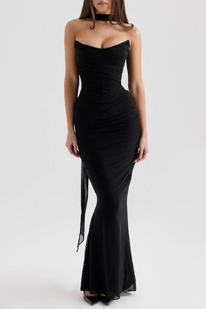 Neck Wrapped Strapless Corset Bodycon Maxi Skirt 2pcs Set-Blue