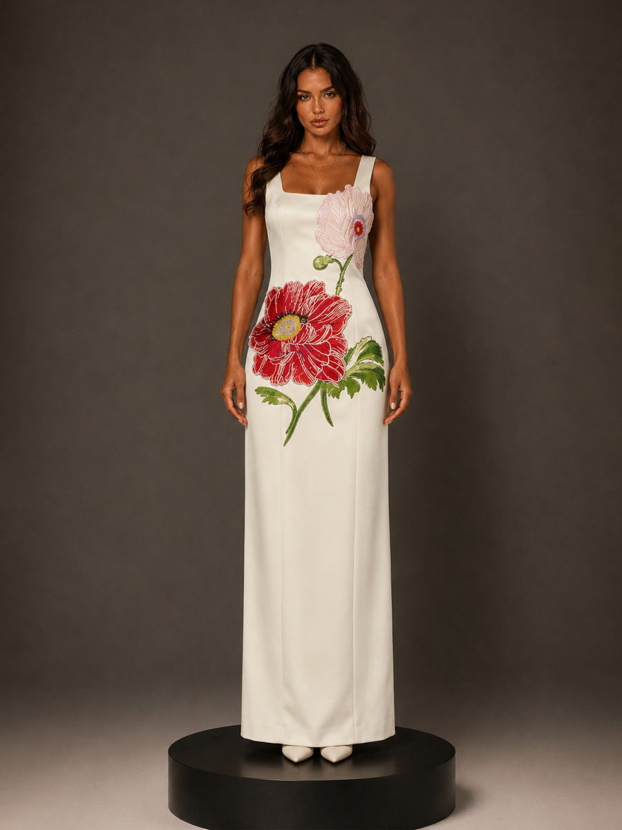 Eloisa Maxi Dress with Embroidered Large Floral Panels