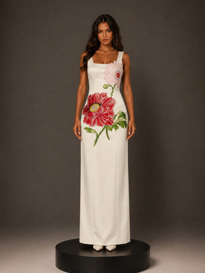 Eloisa Maxi Dress with Embroidered Large Floral Panels
