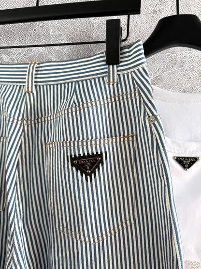 Prada Striped Pants Blue mix White Cotton