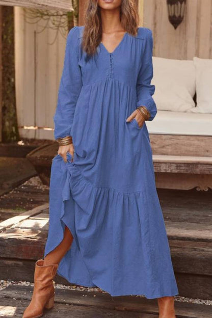 V-neck long-sleeved loose-fitting long skirt
