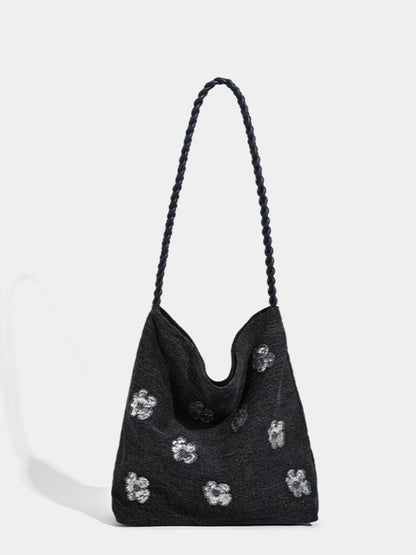 Cosbai - Black Single-shoulder Denim Bag with Sequin Decorations