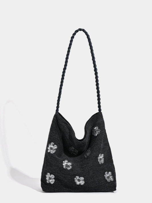 Cosbai - Black Single-shoulder Denim Bag with Sequin Decorations