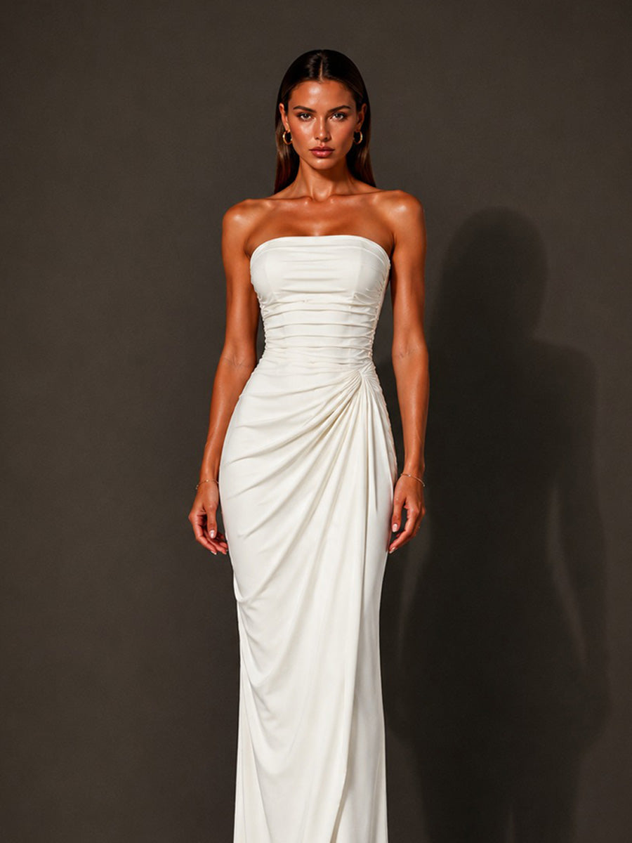 Isabella Strapless Ruched Bodycon Maxi Dress In White