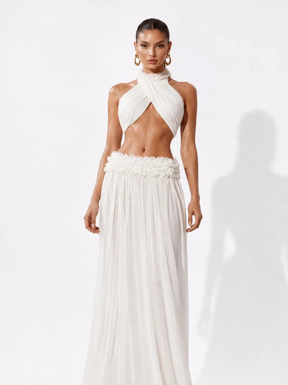 Persephone Crisscross Halter Top and Ruffled Maxi Skirt Set