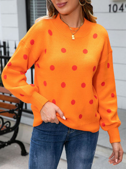 Long Sleeves Loose Polka-Dot Knitwear Pullovers Sweater Tops