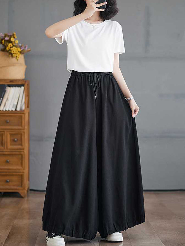 High Waisted Loose Drawstring Elasticity Pleated Pockets Culotte Knickerbockers
