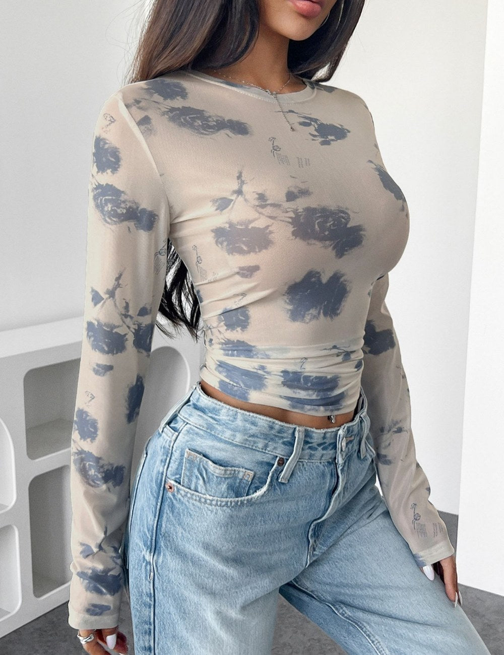 Flower Print Mesh Pleated Slim Short Top