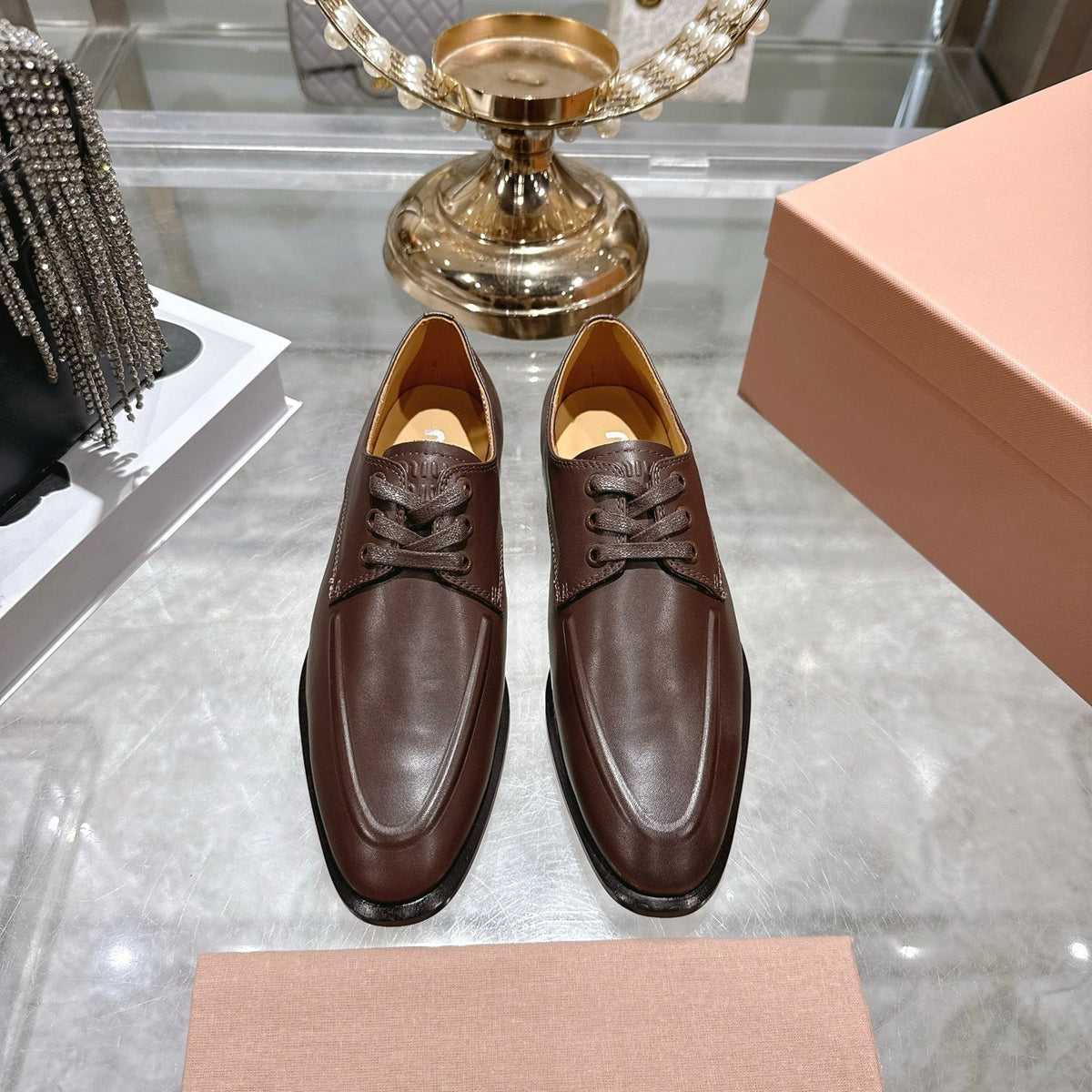Miu Distressed Loafers Brown Cowhide 592058