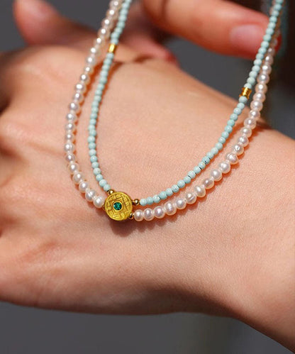 Handmade Colorblock Alloy Double-Layer Pearl Beading Pendant Necklace