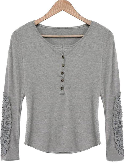 Fashion Women Spring Long Sleeve Button Tshirts Plus Size Sexy V-Neck Hollow Out Lace T-Shirt Loose Casual Pullovers Tops