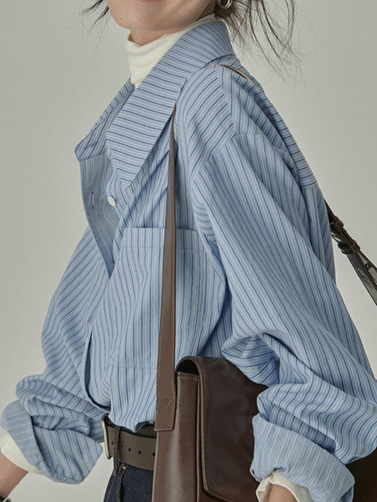 Loose Contrast Color Pockets Striped Blouses&Shirts Tops