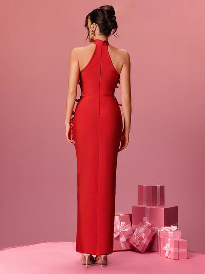 Clara Halterneck Flower Bandage Maxi Dress