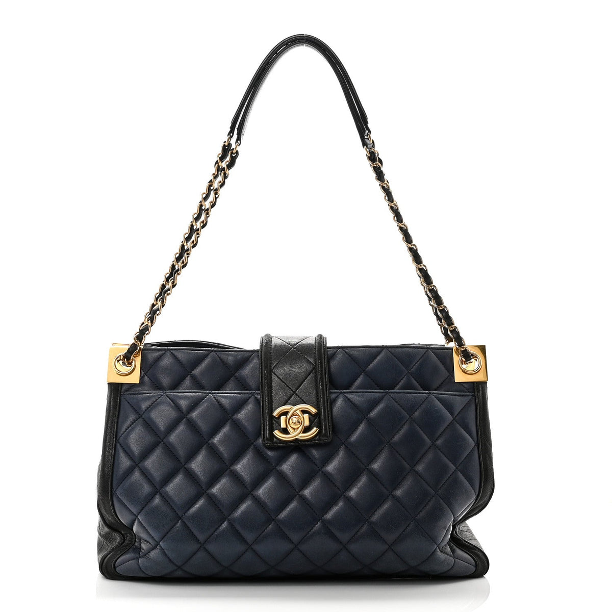 Lambskin Quilted Elegant CC Shopping Tote Navy Black