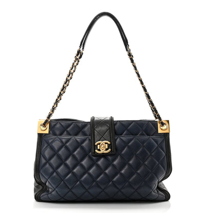 Lambskin Quilted Elegant CC Shopping Tote Navy Black