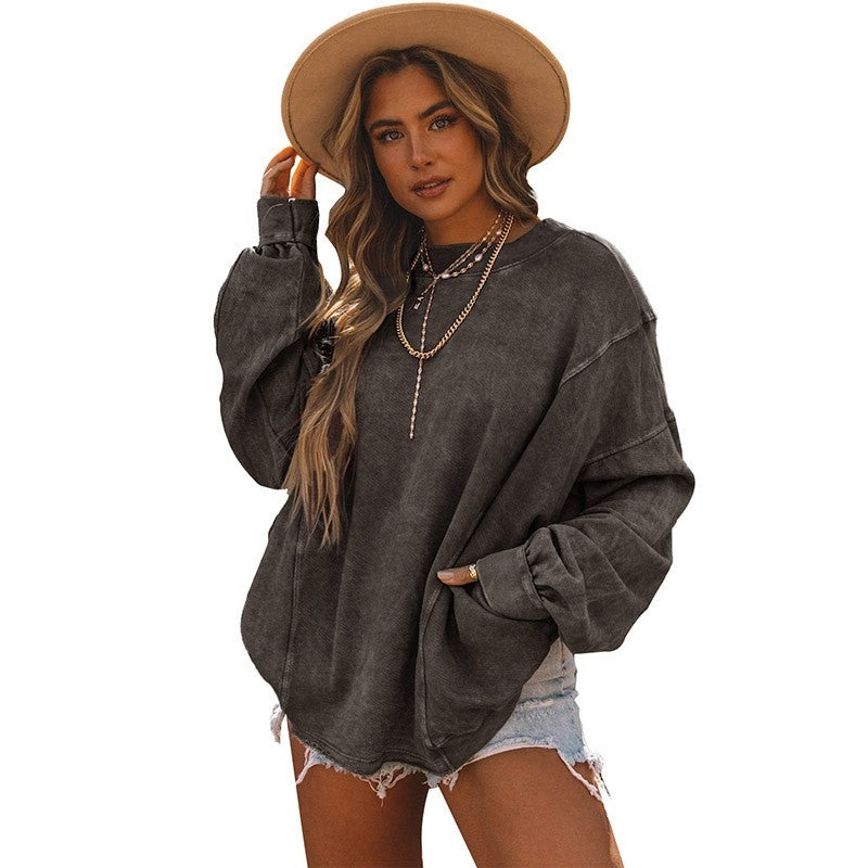 Loose-Fit Minimalist Solid Color Ribbed Cuff Sweatshirt