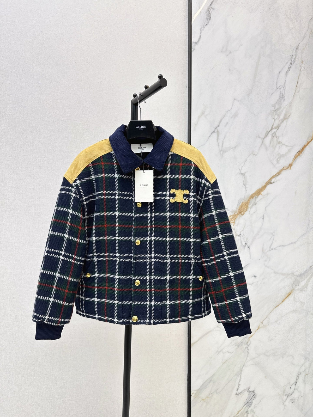 Celine Blouson Triomphe Bomber Jacket Blue Wool and Suede