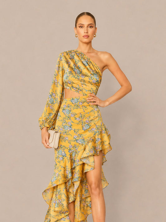 Cassidy Floral Asymmetric One-Shoulder Ruffled Maxi Dress