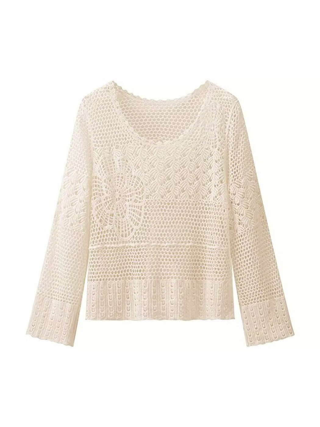 Crosa - Hollow Knitted Round Neck Long-sleeved Top