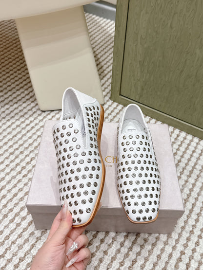 Jimmy Choo Eliot flat Slippers Metallic Eyelets White Calfskin 568493
