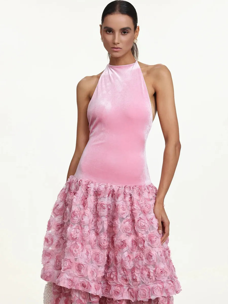 Briar Romantic Contour Halter Floral Velvet Maxi Dress