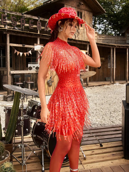 Delaney Fringe Rhinestone Glitter Mini Dress