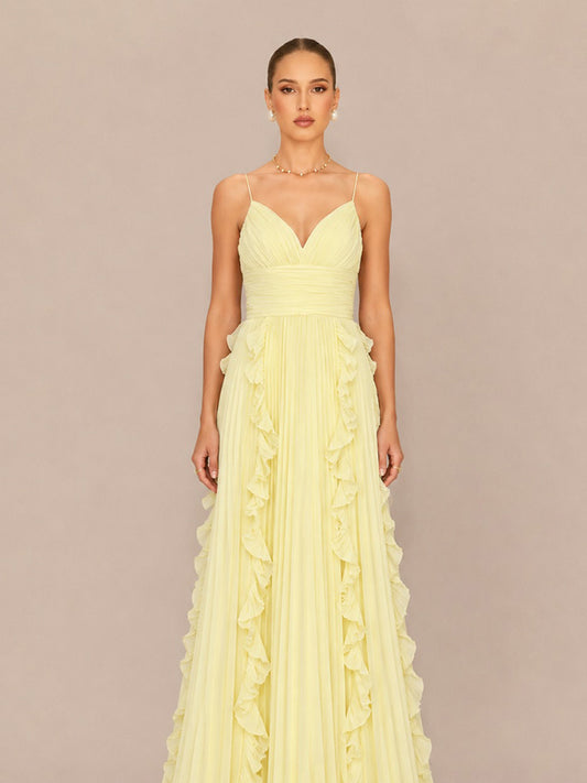 Marisol V-Neck Sleeveless Fitted Ruffled Pleated Maxi Dress