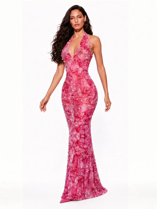 Lorelei Pearl-Embellished Floral Halter Maxi Dress