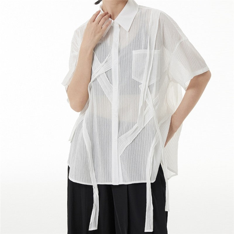 Solid Color Short Sleeve Shirt Collar See-Through Thin Casual Loose Blouse