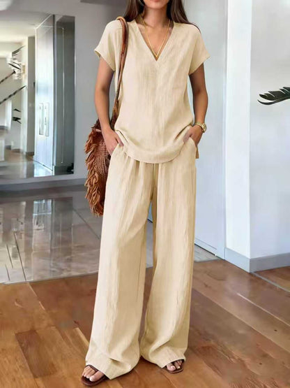 Linen V Neck Cap Sleeve Top & Elastic Waist Wide Leg Pants 2 Piece Co-Ord Set
