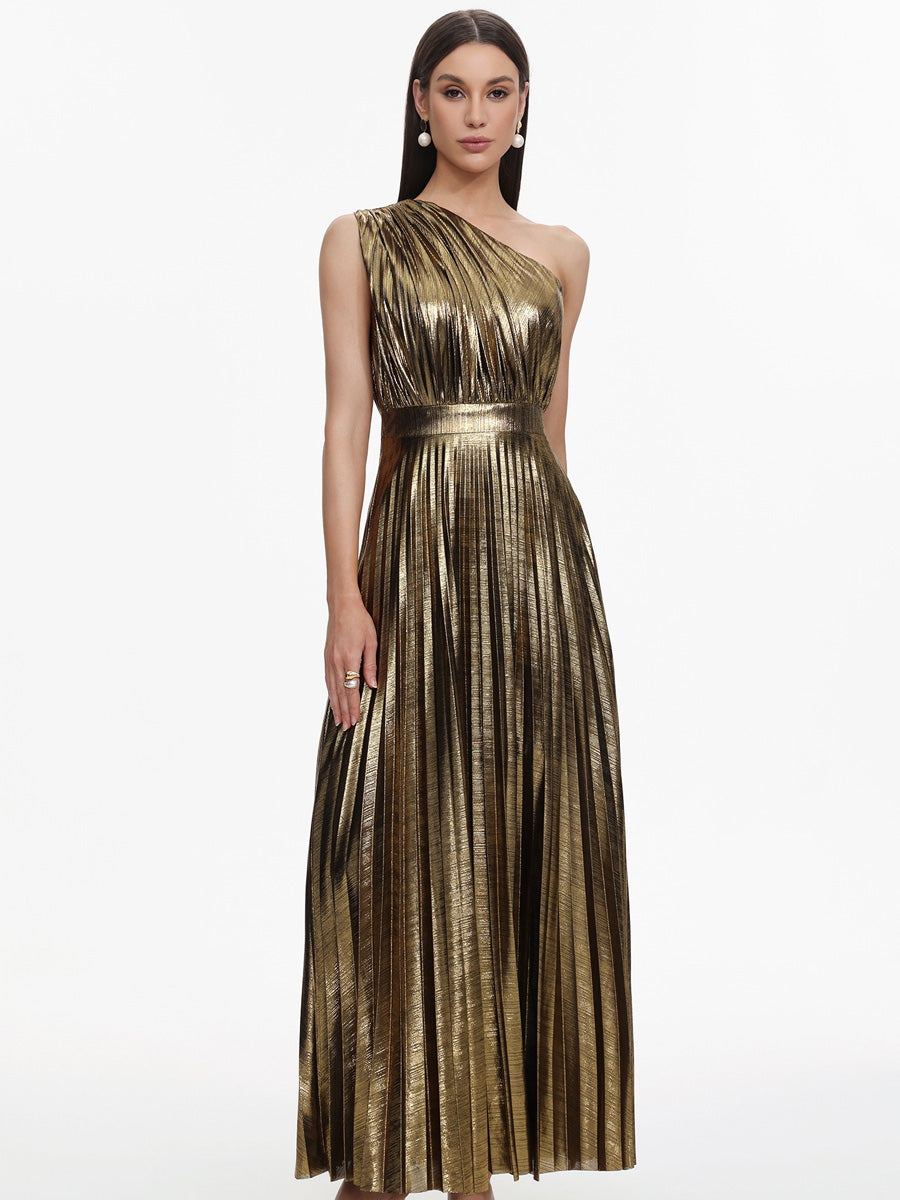 Lila Glamorous One Shoulder Pleated Metallic Maxi Dress