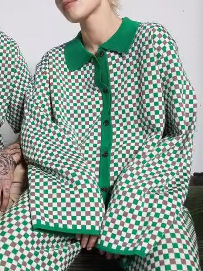 Long Sleeves Loose Plaid Split-Joint Lapel Cardigan Tops Sweater Tops