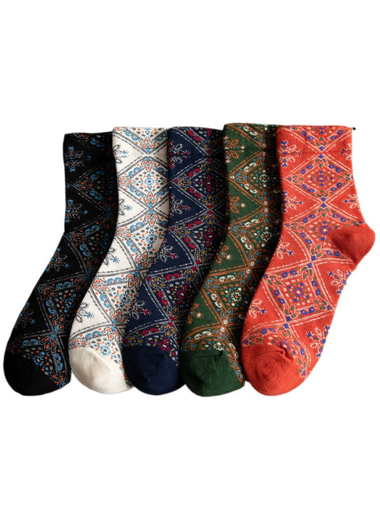 Rufia - Retro Mid-calf Socks with Diamond Floral Patterns