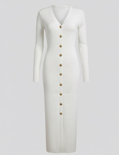Fall Long Sleeve V-Neck Button Knit Dress