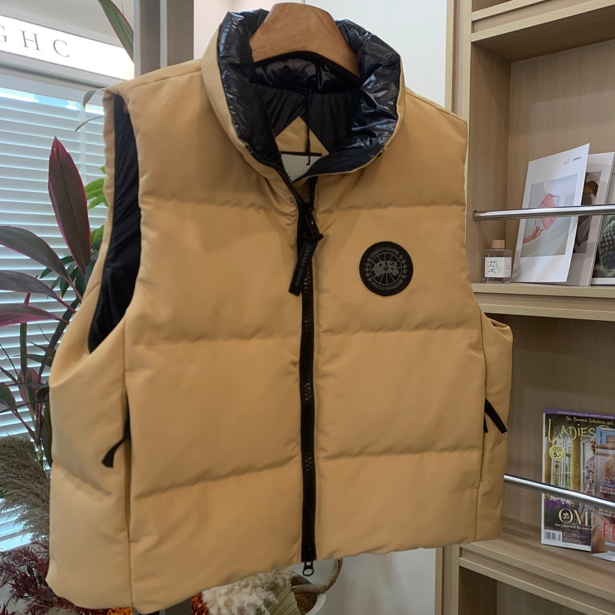 C. Goose Hooded Down Vest Beige Polyester 0004