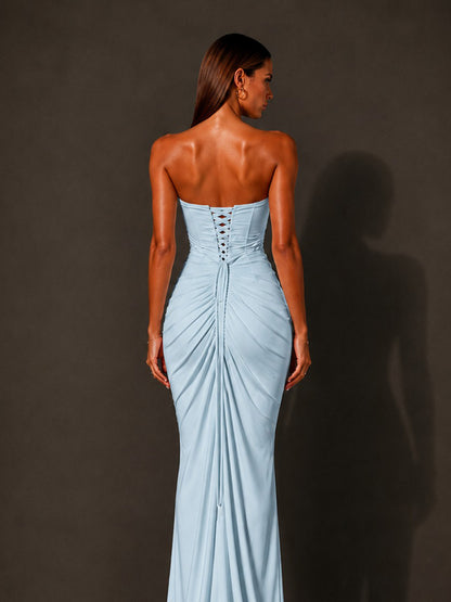 Isabella Strapless Ruched Bodycon Maxi Dress In Blue