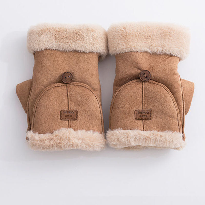Winter Suede Convertible Thermal Fingerless Mittens Gloves