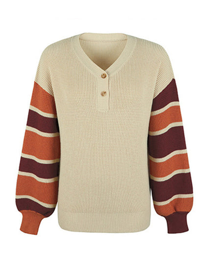 Casual Puff Sleeves Loose Striped V-Neck Sweater Tops