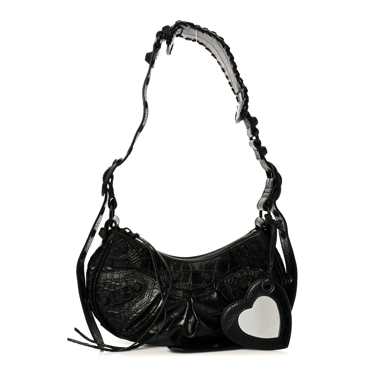 Extra Supple Calfskin Crocodile Embossed Monochrome Le Cagole Shoulder Bag XS Black