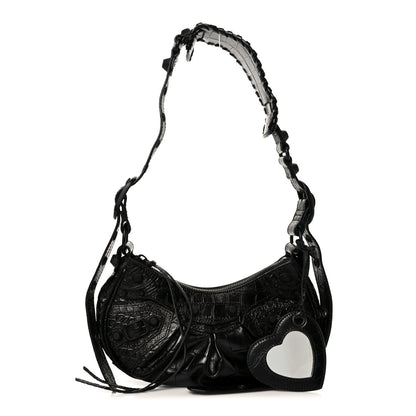 Extra Supple Calfskin Crocodile Embossed Monochrome Le Cagole Shoulder Bag XS Black
