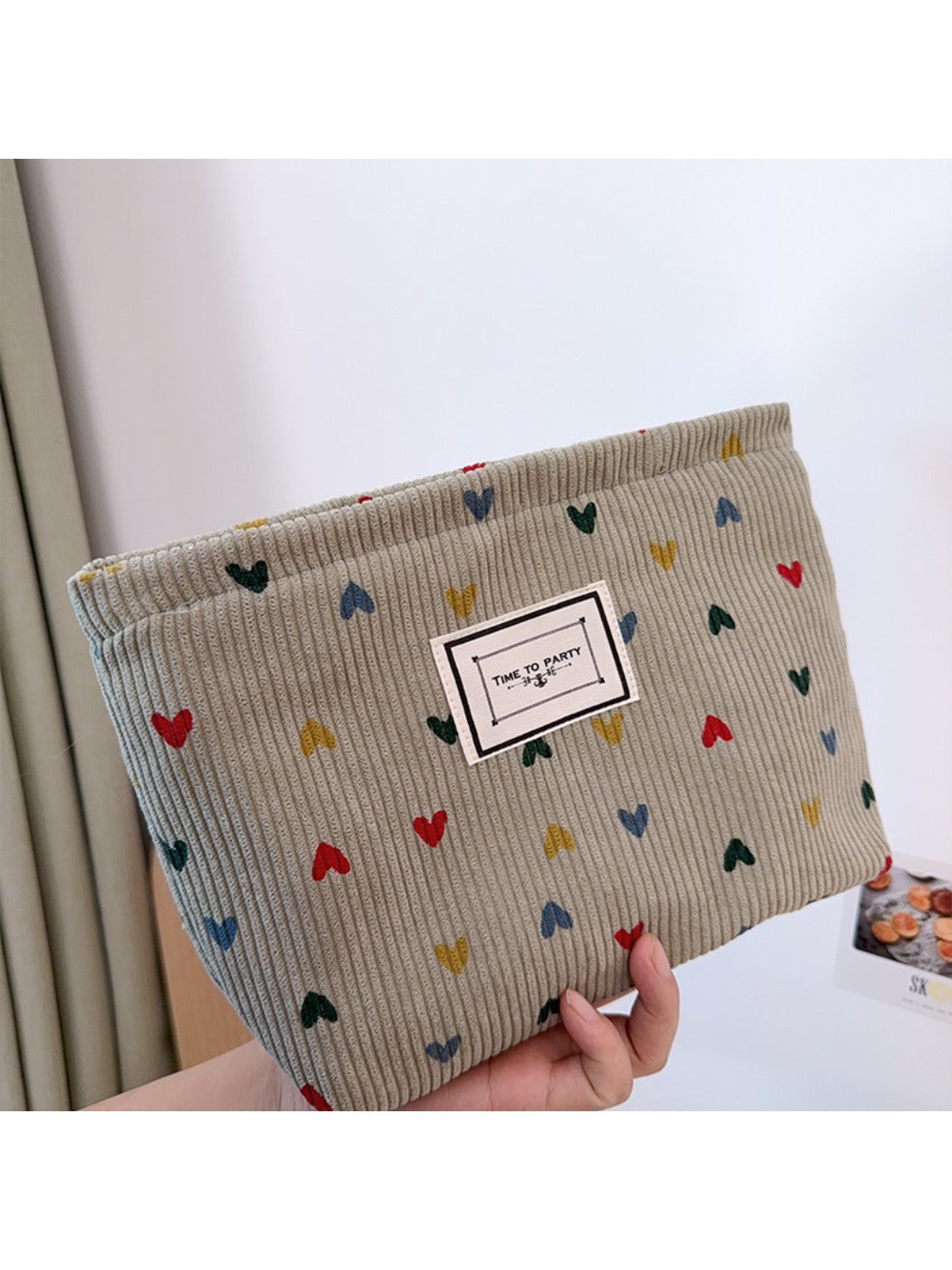 Cosbai - Corduroy Zippered Makeup Pouch with Heart-shaped Patterns