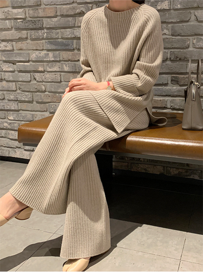 Long Sleeves Wrap Solid Color Split-Side Round-Neck Sweater Tops&Pants Suits