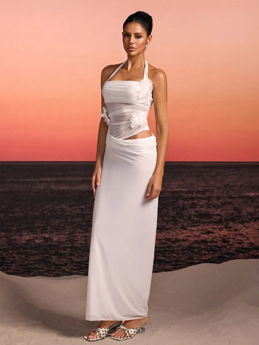 Ariella Halterneck Flower Maxi Dress In White