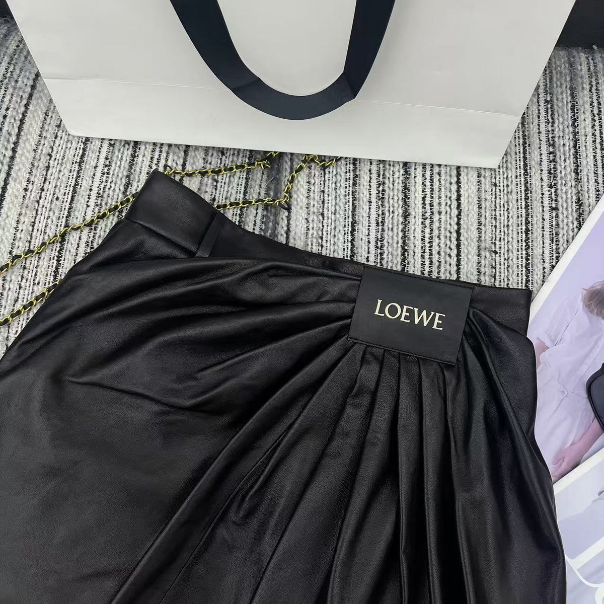 Loewe Draped Midi Skirt Black Nappa Leather 348568