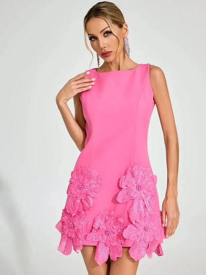 Gia Structured 3D Floral Applique Mini Dress in Pink