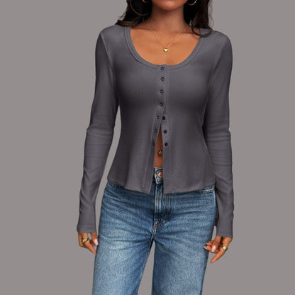 Long Sleeve U-Neck Polyester T-Shirt Jacket Solid Color