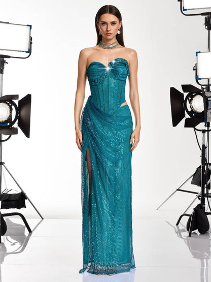 Hazel Strapless Rhinestone Mesh Maxi Dress