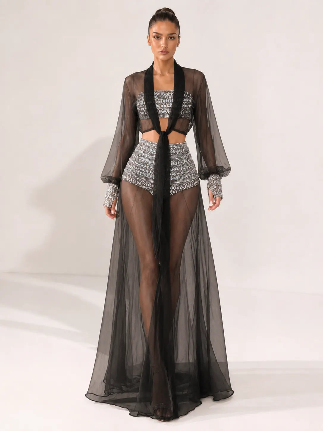 Celestia Rhinestone Sheer Mesh Three-Piece Set